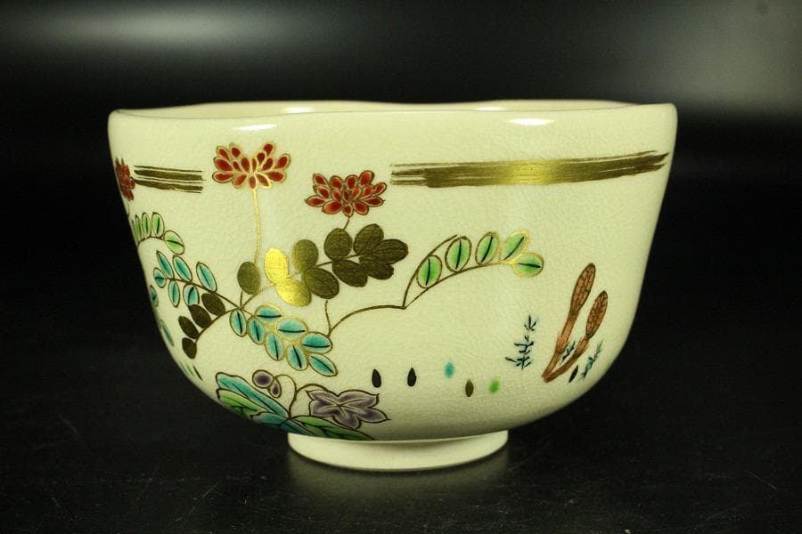 茶道具 清水焼 色絵春草茶碗 共箱 美品(K-A667)