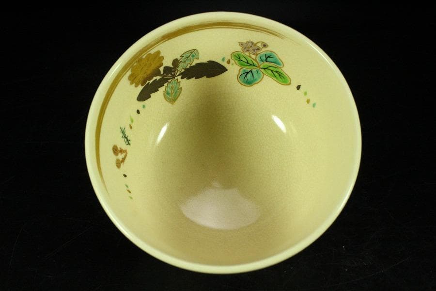 茶道具 清水焼 色絵春草茶碗 共箱 美品(K-A667)