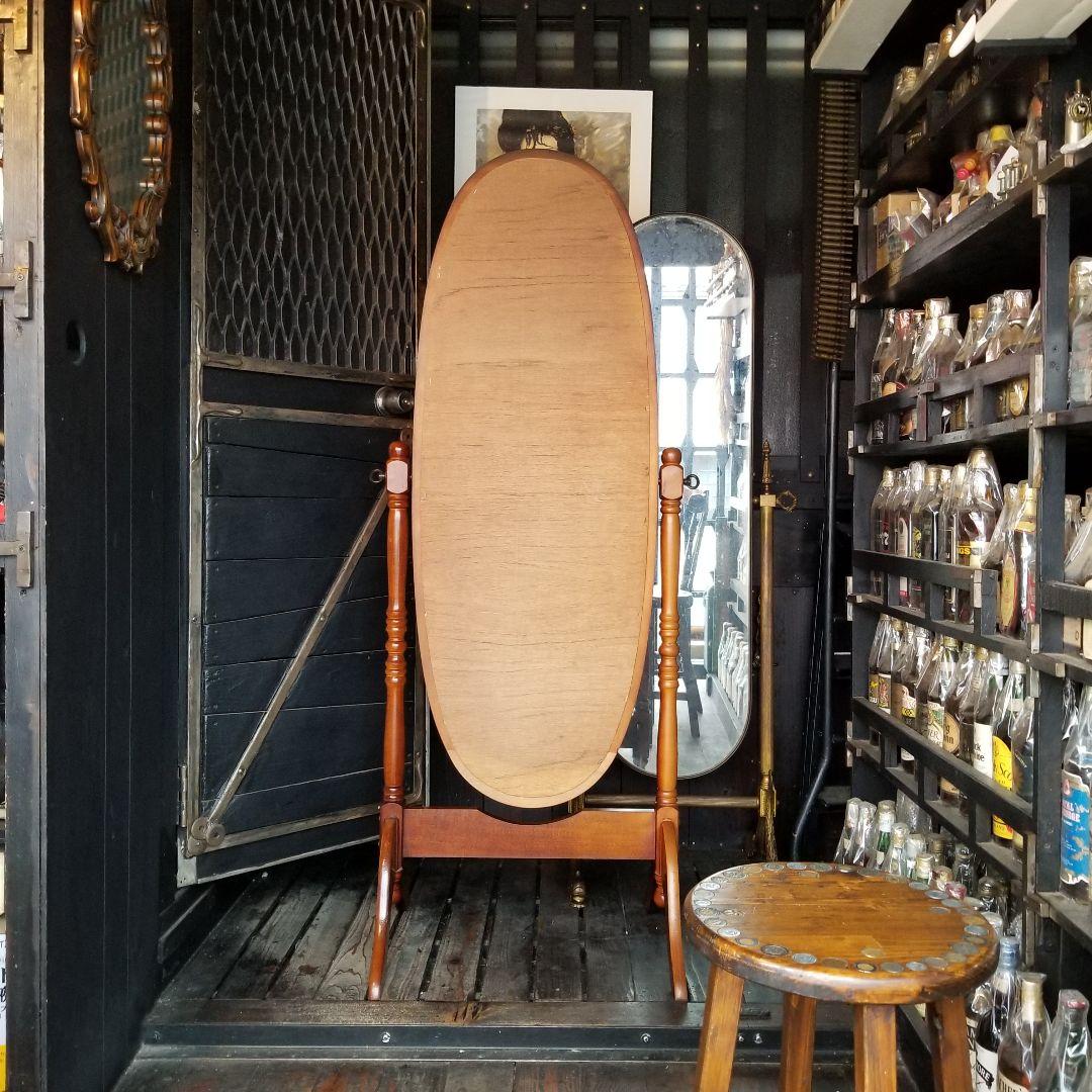 希少　美品　大型　オーバル　チーク　ウッド　カラー　無垢　硬木製　スタンドミラー