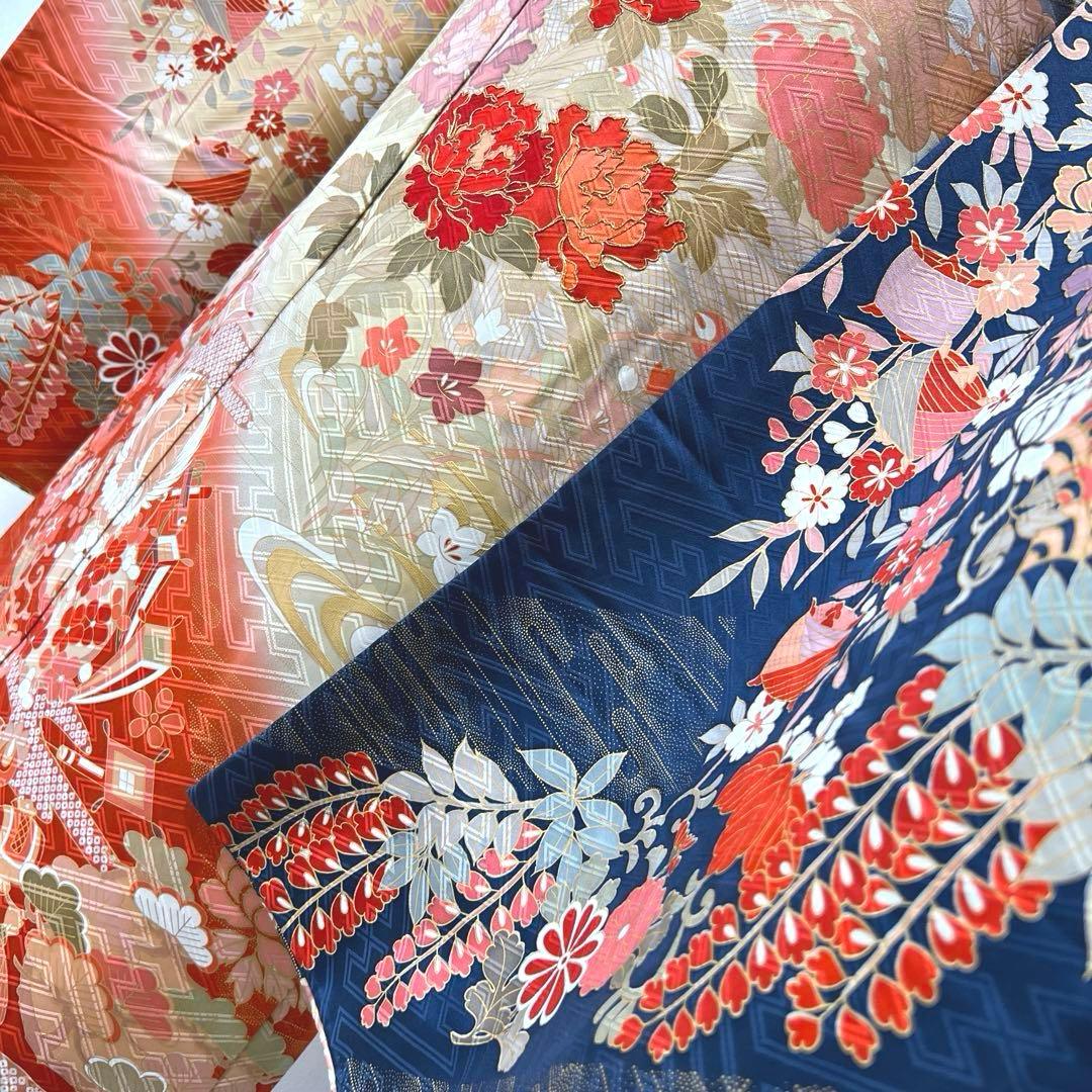 418 振袖フルセット 正絹 紺 ネイビー 朱赤 金彩 駒刺繍 暈し染め