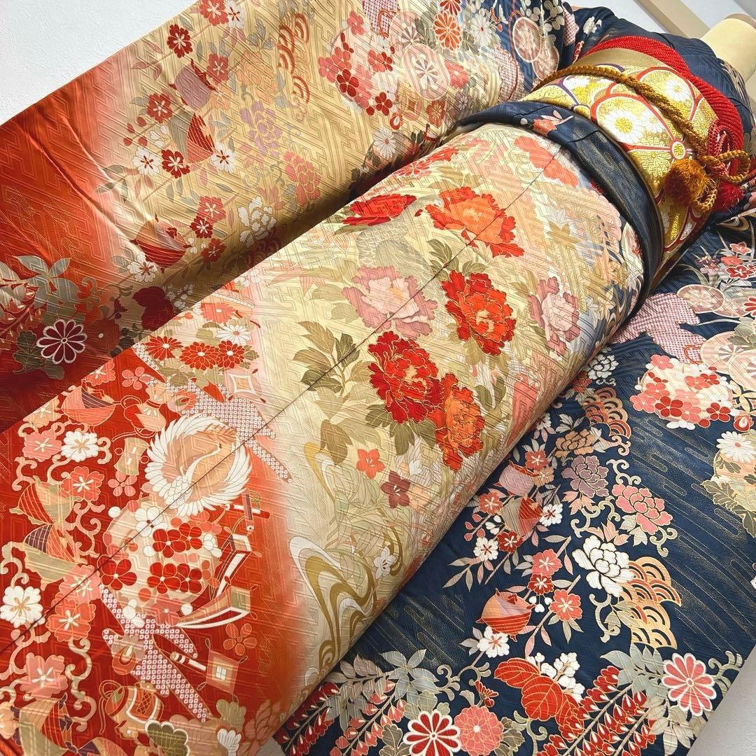 418 振袖フルセット 正絹 紺 ネイビー 朱赤 金彩 駒刺繍 暈し染め