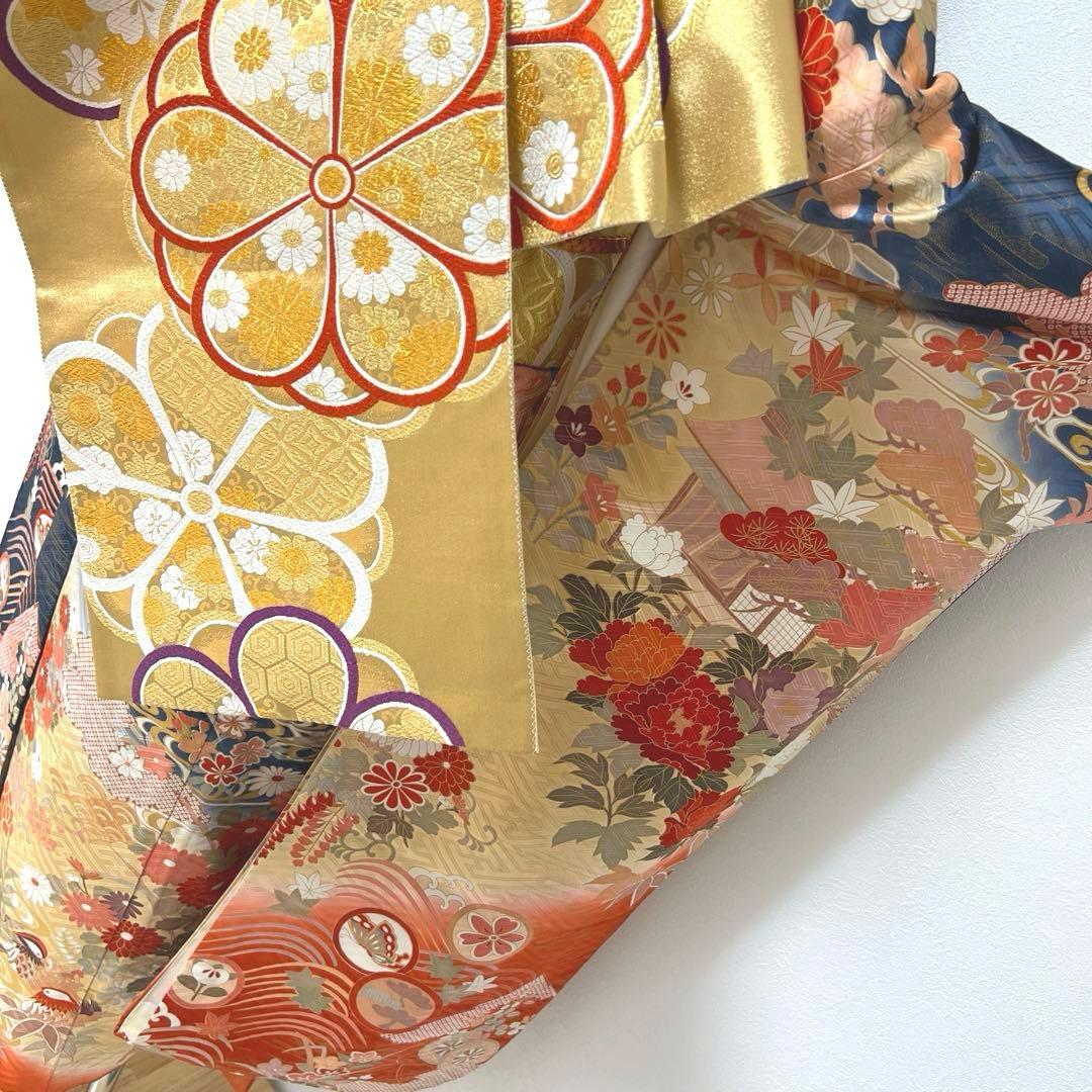 418 振袖フルセット 正絹 紺 ネイビー 朱赤 金彩 駒刺繍 暈し染め