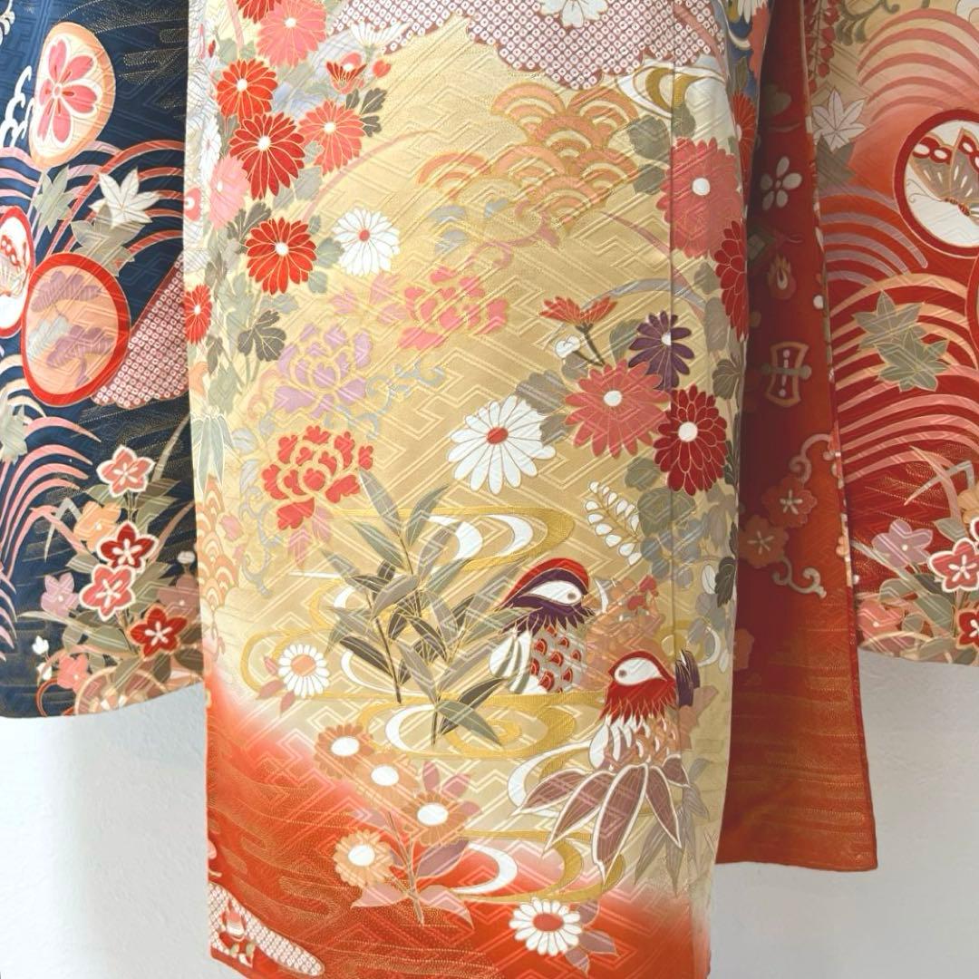 418 振袖フルセット 正絹 紺 ネイビー 朱赤 金彩 駒刺繍 暈し染め