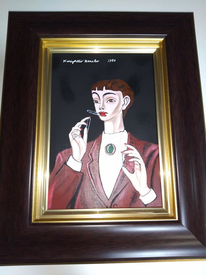 金子國義、絵画、油彩、SM号、ピンオを噛む女、新品額縁、肉筆、鴨居玲、宮永岳彦。