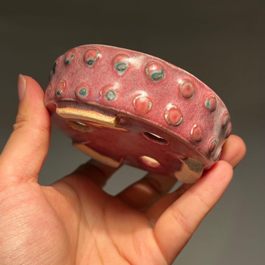 571.秋直 窯変辰砂釉鼓釘丸 盆栽鉢 植木鉢 9.8*3cm