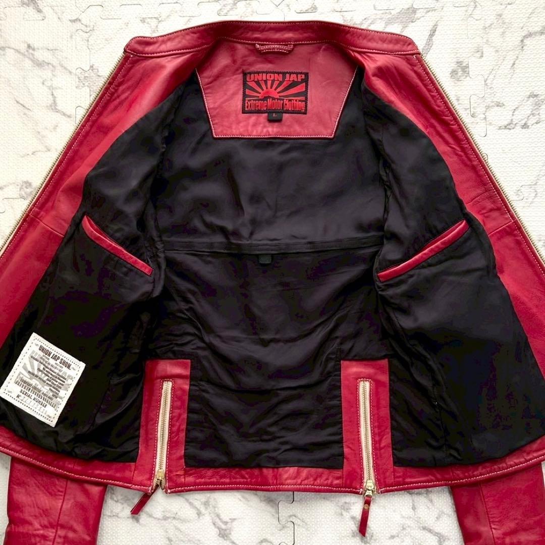 極美品✨UNION JAP シングルライダースジャケット ラムレザー 赤 L