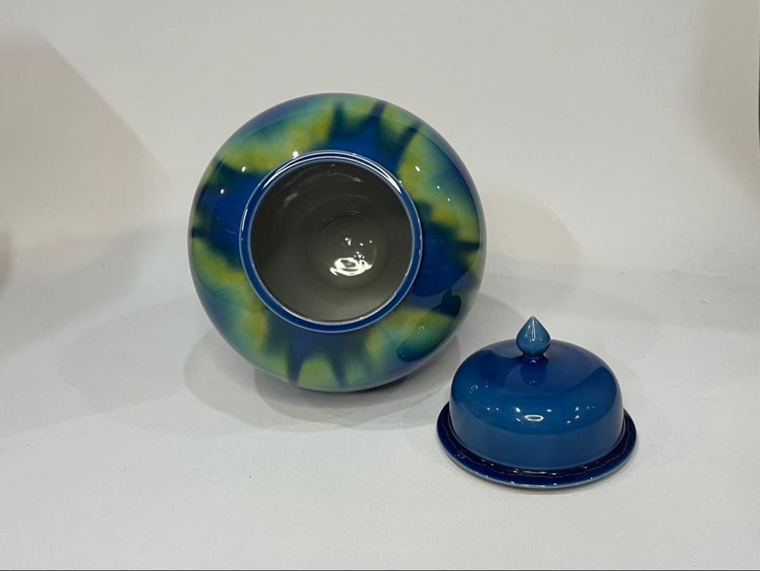 【人間国宝】三代 徳田八十吉 碧明燿彩 飾壺 沈香壺 31cm 台付