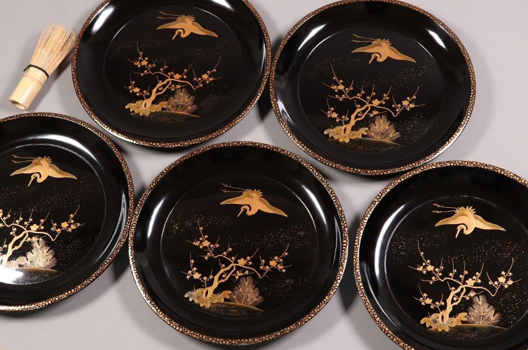 MA220 時代漆器 松竹梅鶴金蒔絵 縁唐草 黒塗 大徳寺盆 五客 菓子盆 木皿