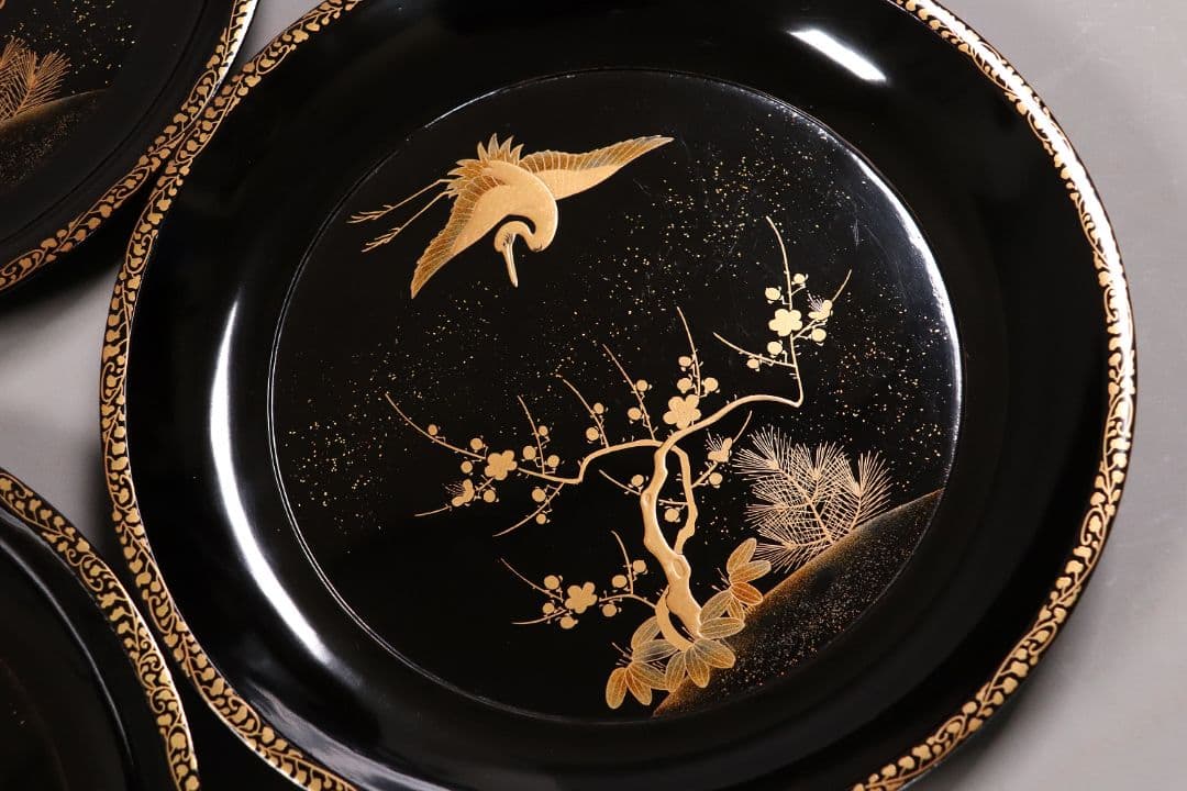 MA220 時代漆器 松竹梅鶴金蒔絵 縁唐草 黒塗 大徳寺盆 五客 菓子盆 木皿