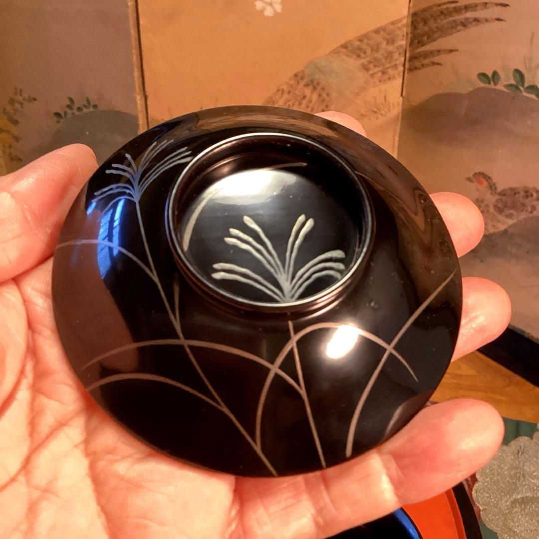 Ａ1019木製輪島塗椀　懐石道具　黒塗　秋草蒔絵　箸洗　小吸い物　　5客