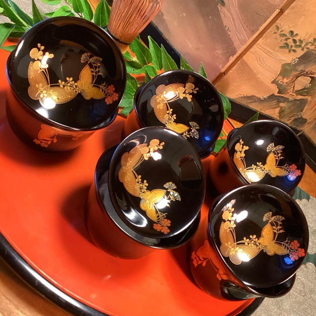 Ａ1019木製輪島塗椀　懐石道具　黒塗　秋草蒔絵　箸洗　小吸い物　　5客