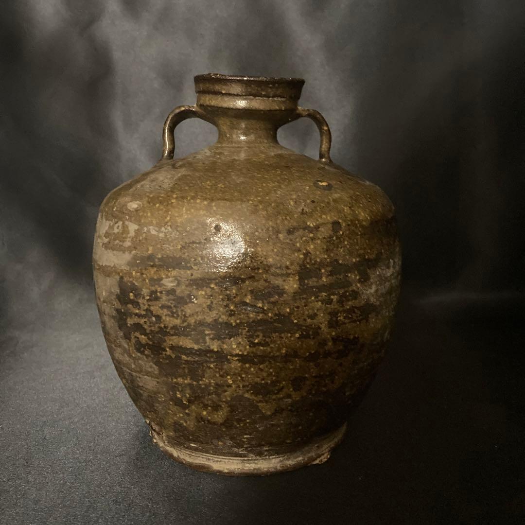 《赤字万博❗️》【三益】中国古美術　建窯藁灰釉双耳付壺（宋時代）【本物保証】