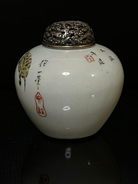 超絶優品 谷文晁 酒井抱一 合作 彩色亀図 青松堂造 純銀鶴彫火屋 香炉 茶道具