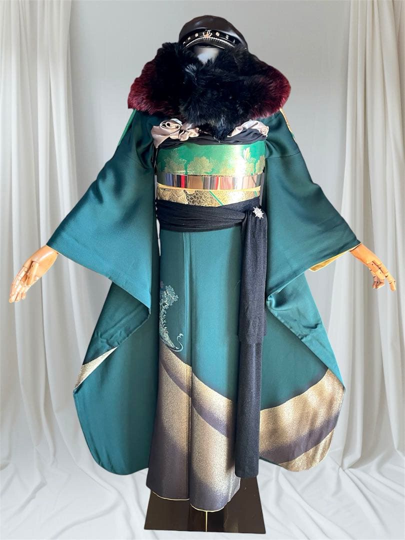 振袖 フルセット 山本寛斎 グリーン 全通帯 リバーシブル