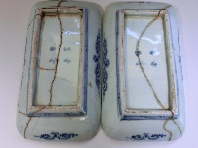 皿■伊万里染付蛸唐草牡丹紋長皿 富責長春 直し有り2客 時代物 骨董(江戸期)■