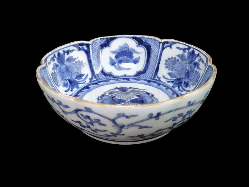 古伊万里　染付　花に獅子の図　膾皿 ５客　江戸期　B073AS-CKj