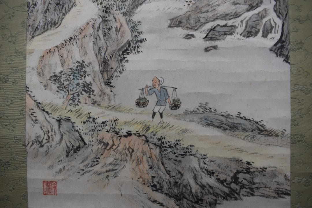 【真作】矢野橋村/梅花亭子図/春景山水人物図/掛軸☆宝船☆Z-539