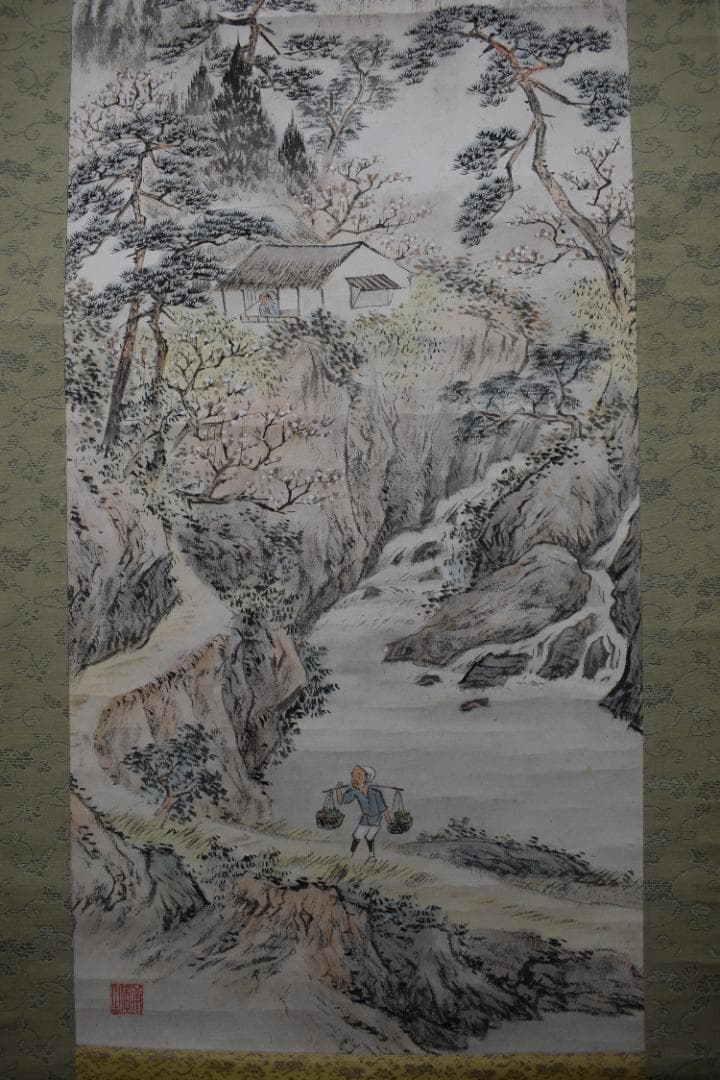 【真作】矢野橋村/梅花亭子図/春景山水人物図/掛軸☆宝船☆Z-539