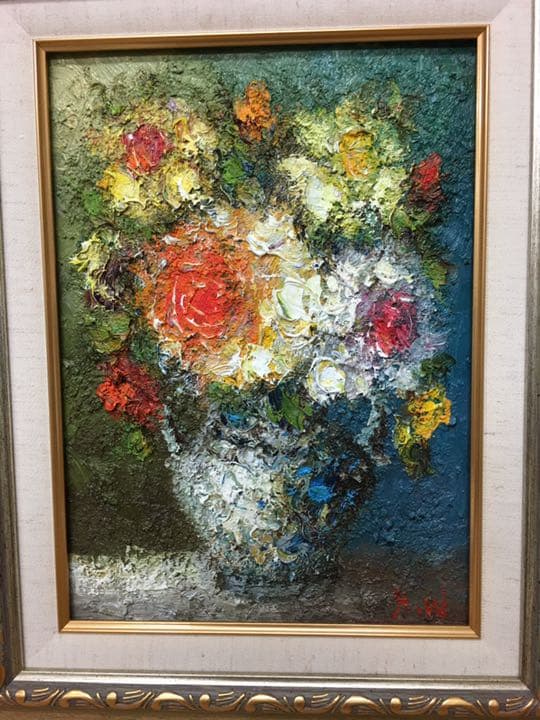 油絵肉筆画手描き 超厚塗り油絵渡邊ひでき作品4号高級額装付き