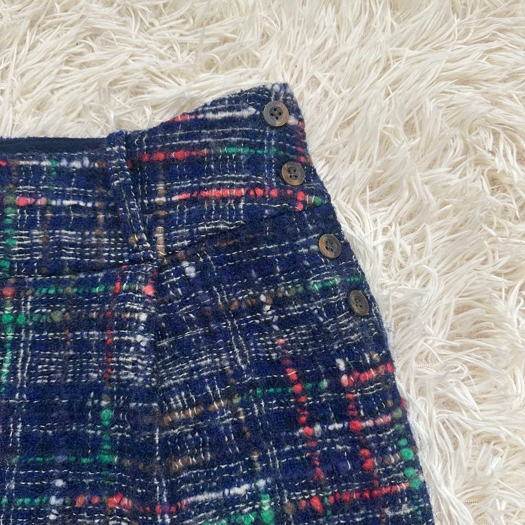 45R ミックスツイードスカート ロゴ刺繍 ウール ネイビー M 日本製