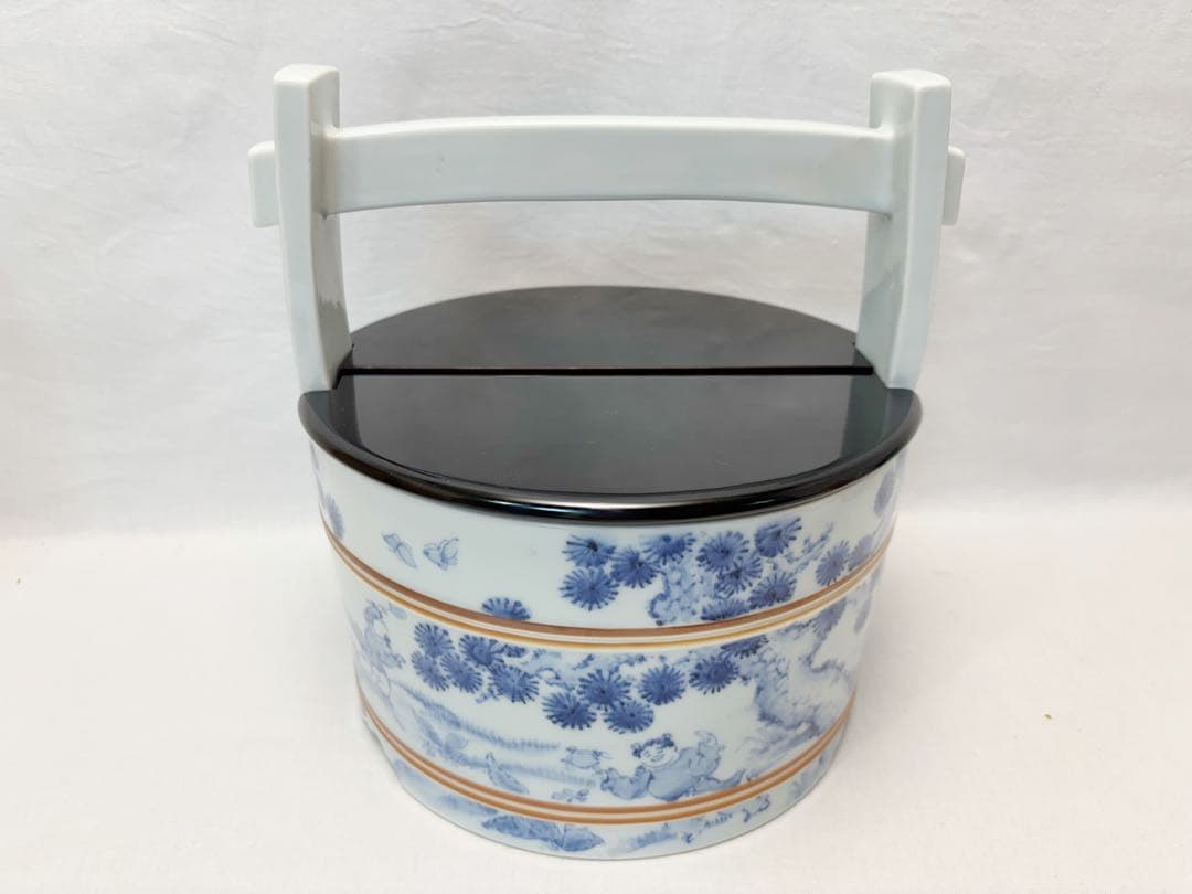 未使用 茶道具 八十翁 石泉作 瀬戸染付 唐子絵 手桶水指 割蓋 底印 共箱