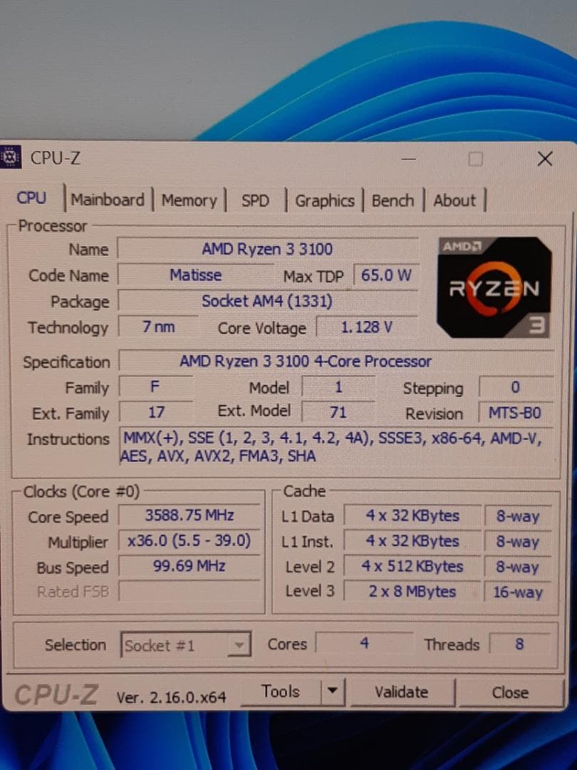 自作PC　RYZEN3 3100・8GB・128GB・K2000・WIN11