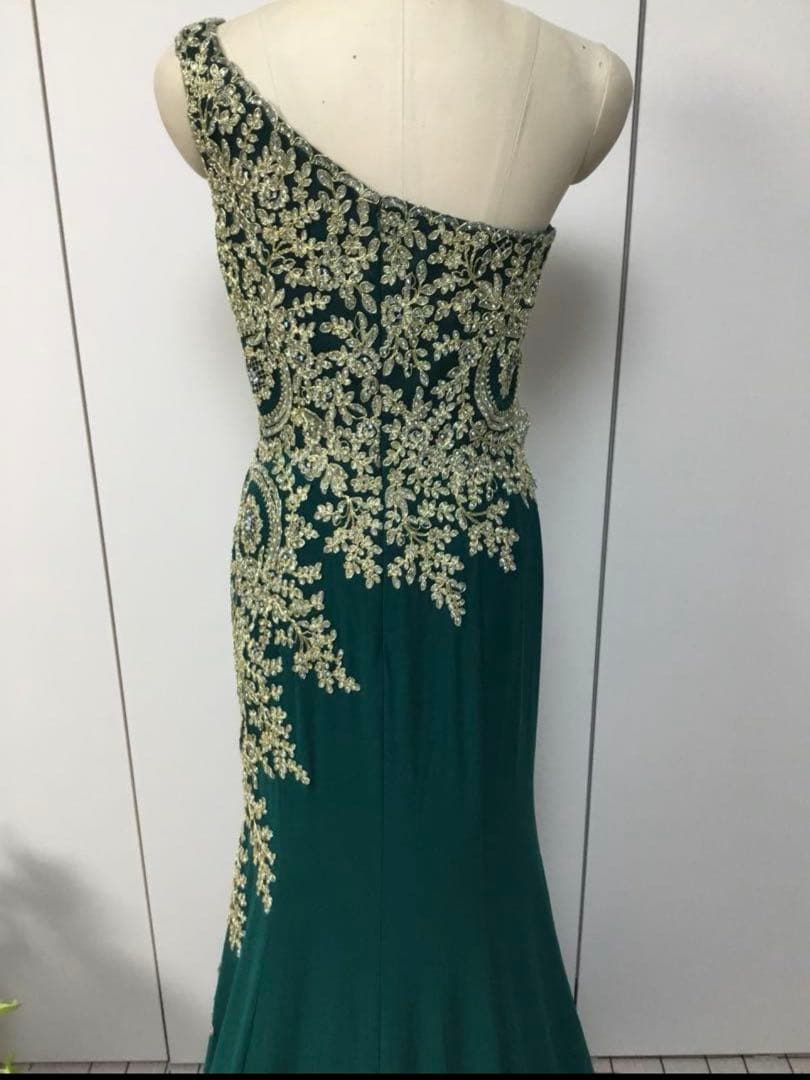 ダークグリーン ワンショルダー パーティードレス