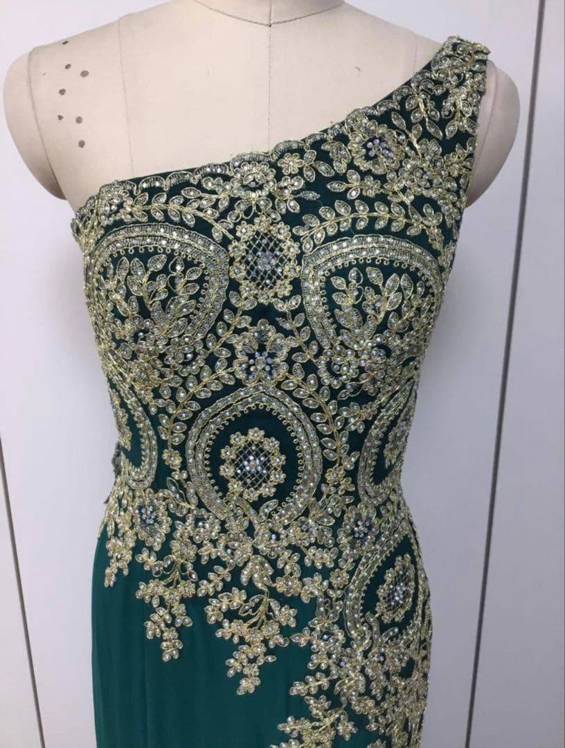 ダークグリーン ワンショルダー パーティードレス