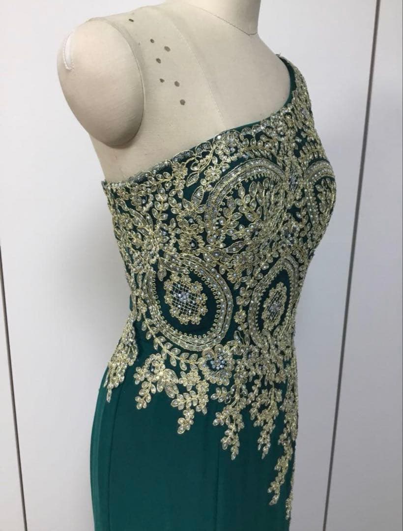 ダークグリーン ワンショルダー パーティードレス