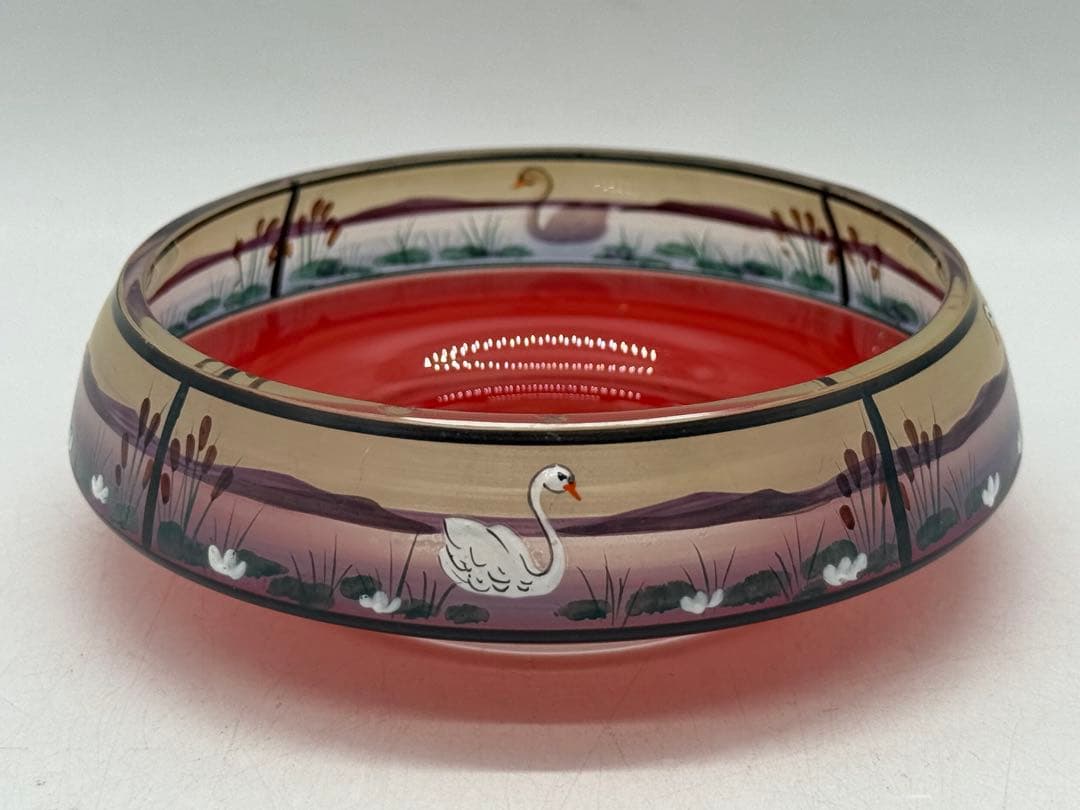 アールデコガラス　白鳥　菓子皿　アンティークガラス　送料込み251031