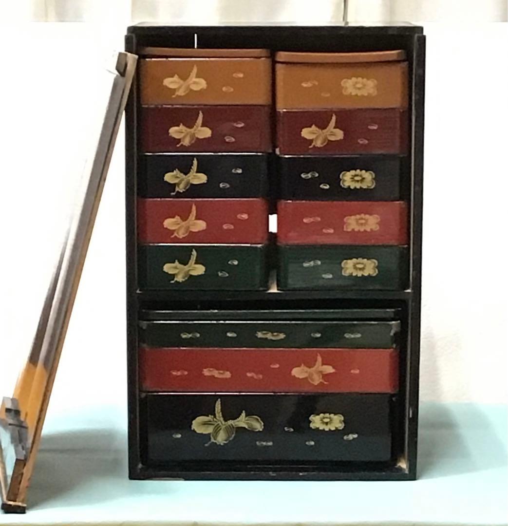 漆器　重箱　金色花模様　本漆　木製　重箱3点セット　木箱付き