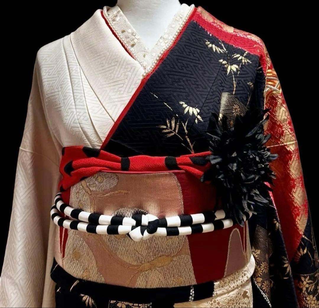 アンティーク振袖㊗️赤黒白 蝶の金駒刺繍 本絞り染め 型染④点セット