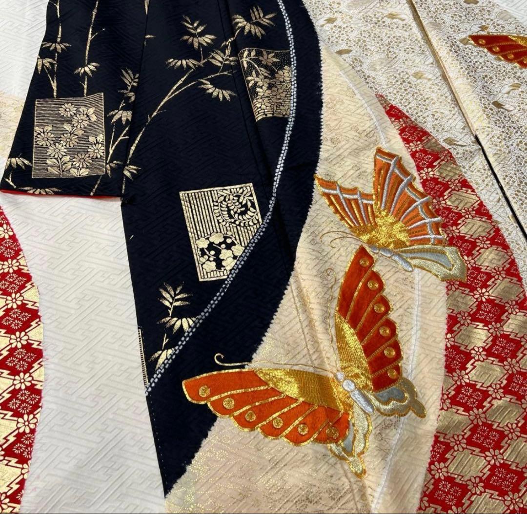 アンティーク振袖㊗️赤黒白 蝶の金駒刺繍 本絞り染め 型染④点セット