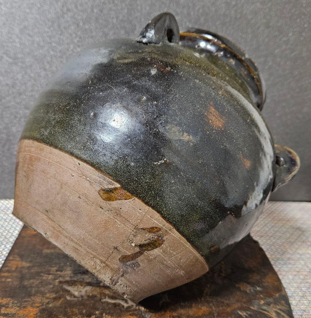 中国古美術　中国古陶磁器　明代　明朝 磁州窯　黒釉　四耳壺　高さ19.5cm