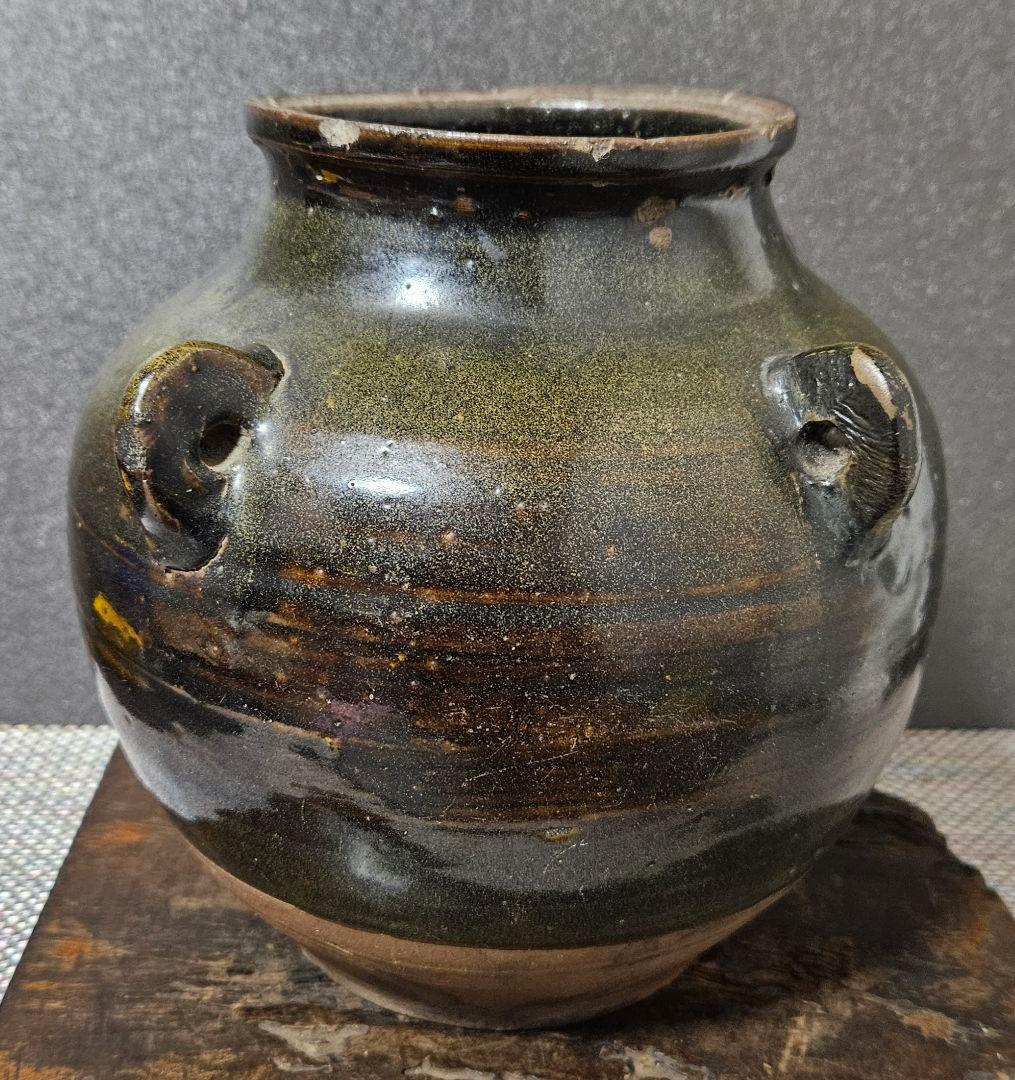 中国古美術　中国古陶磁器　明代　明朝 磁州窯　黒釉　四耳壺　高さ19.5cm