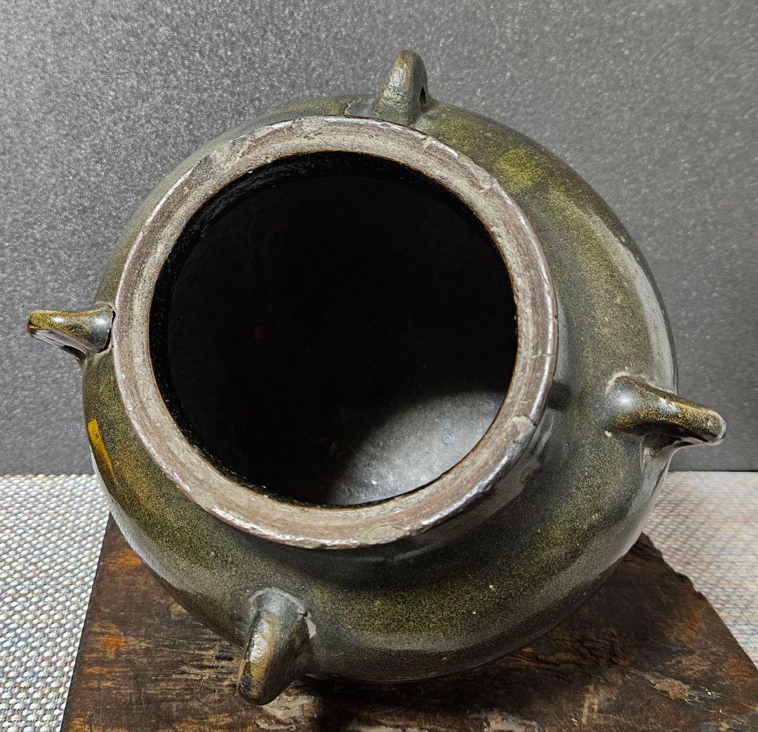 中国古美術　中国古陶磁器　明代　明朝 磁州窯　黒釉　四耳壺　高さ19.5cm