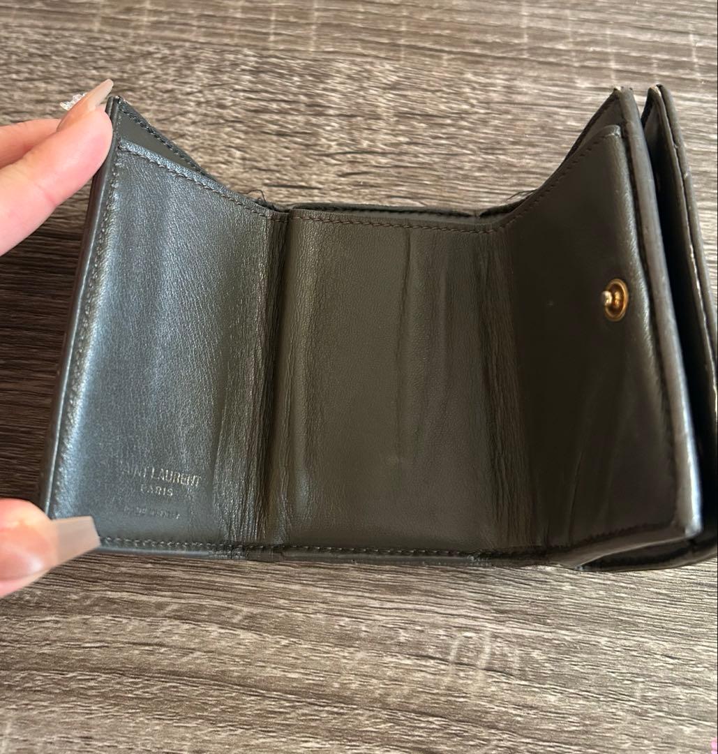 YSL カーキ　三つ折り財布 レザー　ミニ　財布　モノグラム