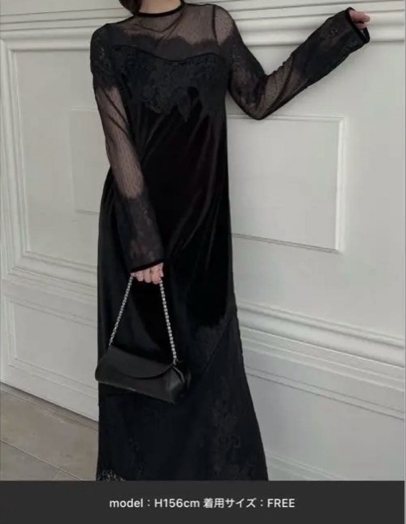 美品　dot tulle panel lace velour OP ブラック