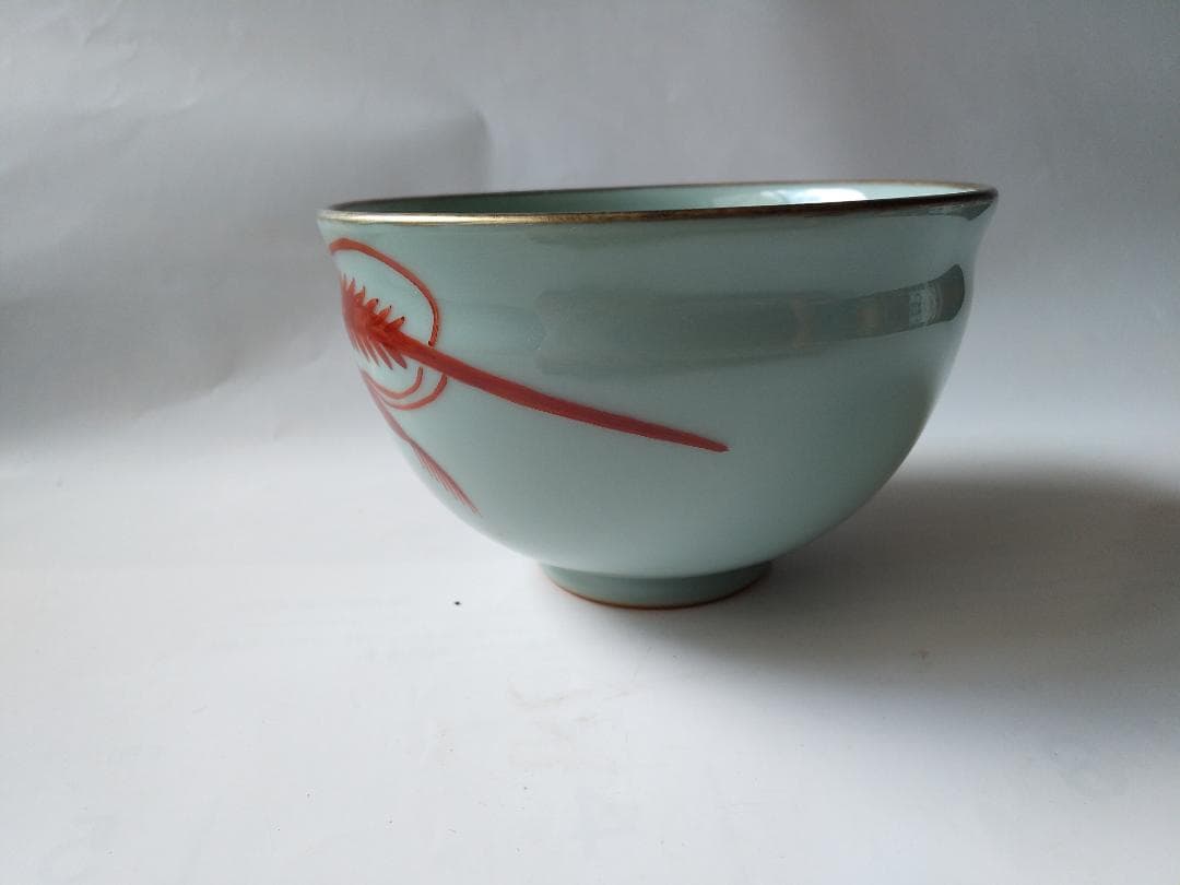 二代 手塚玉堂 青瓷 海老乃絵 茶碗 共箱 共布 栞 茶道具 抹茶碗 新品