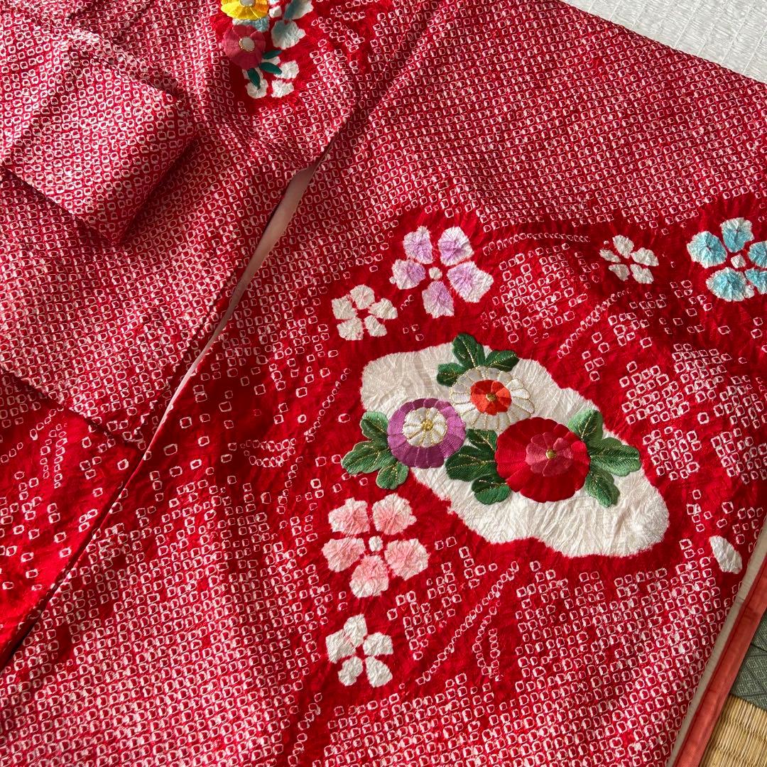 七五三 3歳 総絞り 着物 正絹 被布 三歳 赤 草履 753 金駒刺繍 赤白