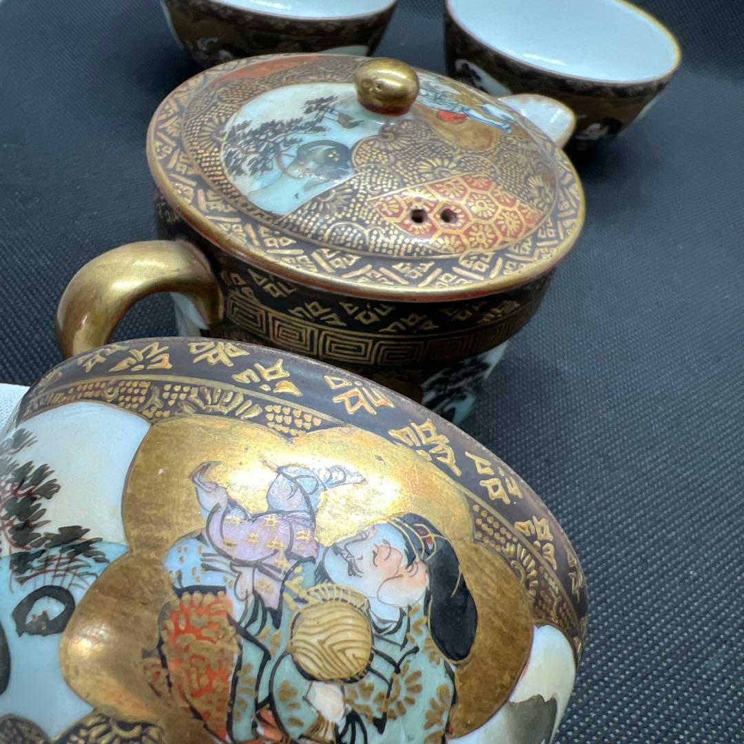 明治時代　金彩山水人物画九谷焼煎茶器セット　宝瓶１点　湯呑み３点まとめて煎茶道具