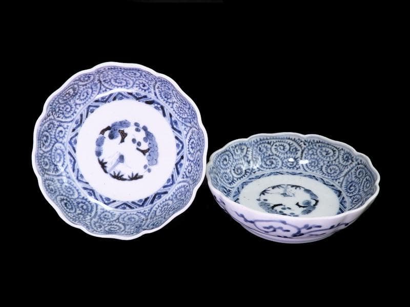 古伊万里　染付　蛸唐草に松竹梅の図　膾皿　２客　江戸期　E913AS-CSy