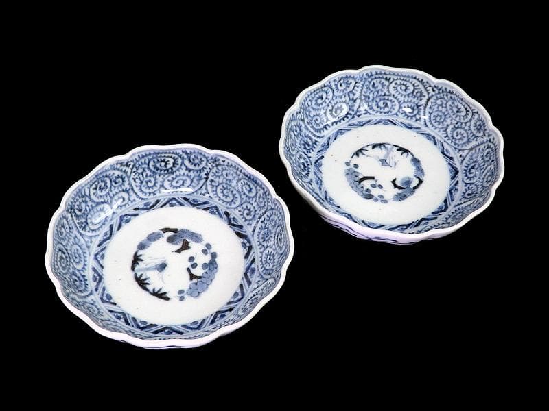 古伊万里　染付　蛸唐草に松竹梅の図　膾皿　２客　江戸期　E913AS-CSy