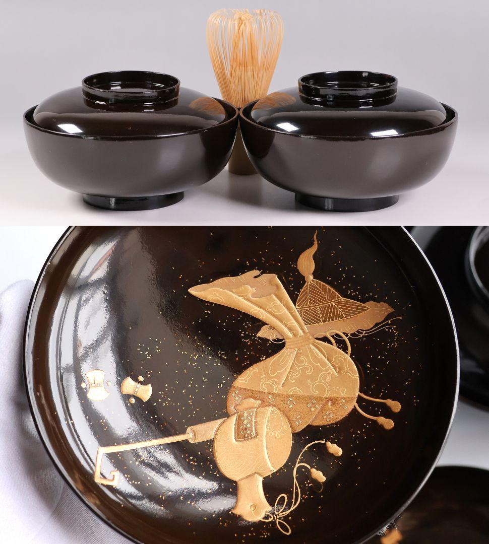 【MB192】輪島塗 宝尽くし金蒔絵 黒塗椀 二客 天然木漆塗 大正昭和 茶懐石
