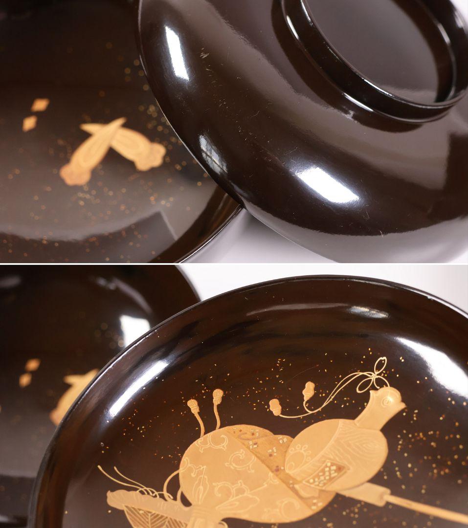 【MB192】輪島塗 宝尽くし金蒔絵 黒塗椀 二客 天然木漆塗 大正昭和 茶懐石