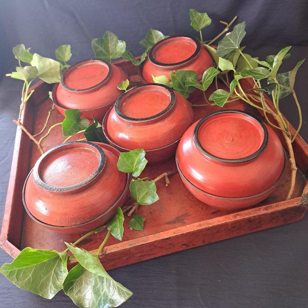 「根来(ねごろ)椀の渋み！」桃山時代？木製漆器(直径12cm) 5個セット 骨董