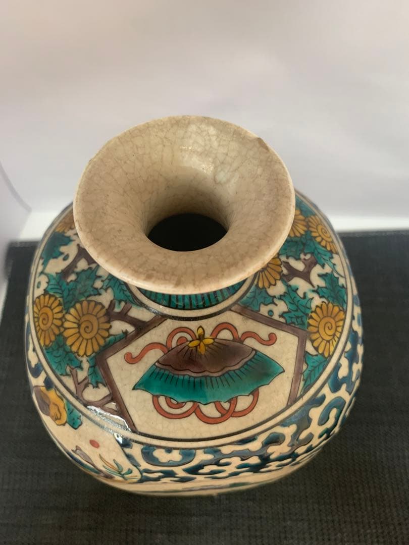 江戸　古九谷　人物花鳥　角福　花瓶　送料込み