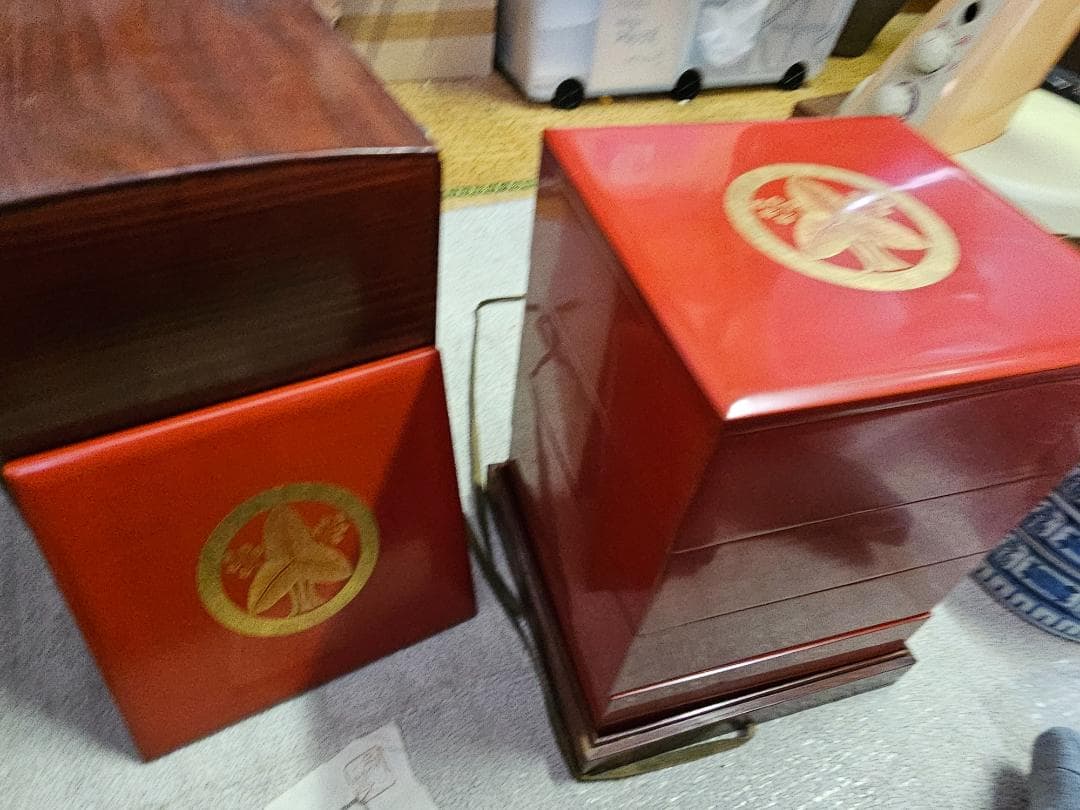 幕末明治の能登輪島塗沈金家紋重箱 蓋2枚付き