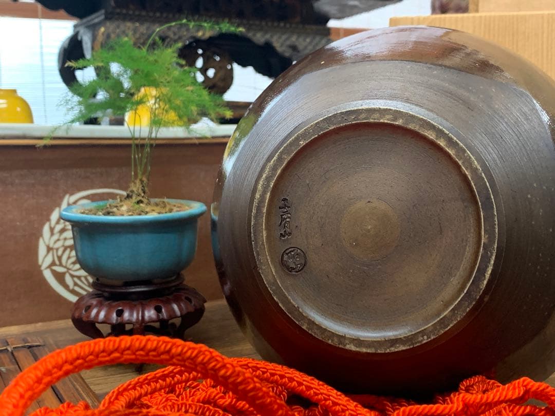 美品　大茶壷　飾り茶壺　呂宋壷 口覆仕服 荒磯網 口紐付　在銘　共箱　茶道具