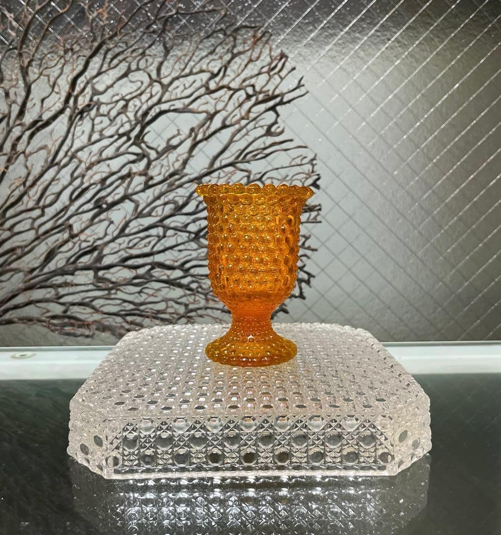 骨董　時代ガラス　希少　橙色　黄色暈し　霰プレス　あられ　氷コップ　ウラン １客